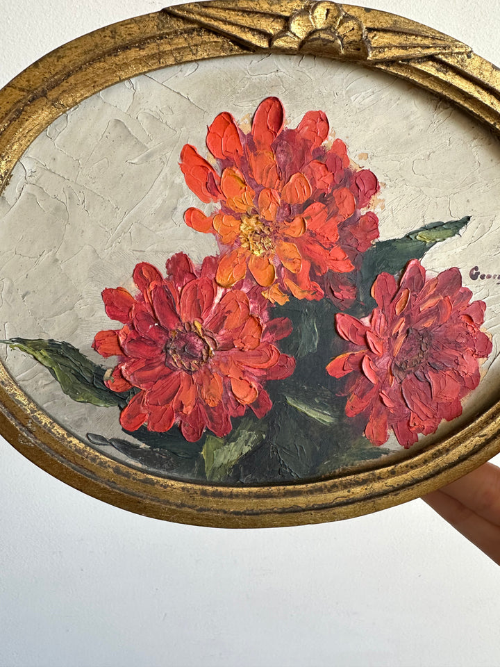 Peinture encadrée fleurs orangées 1920