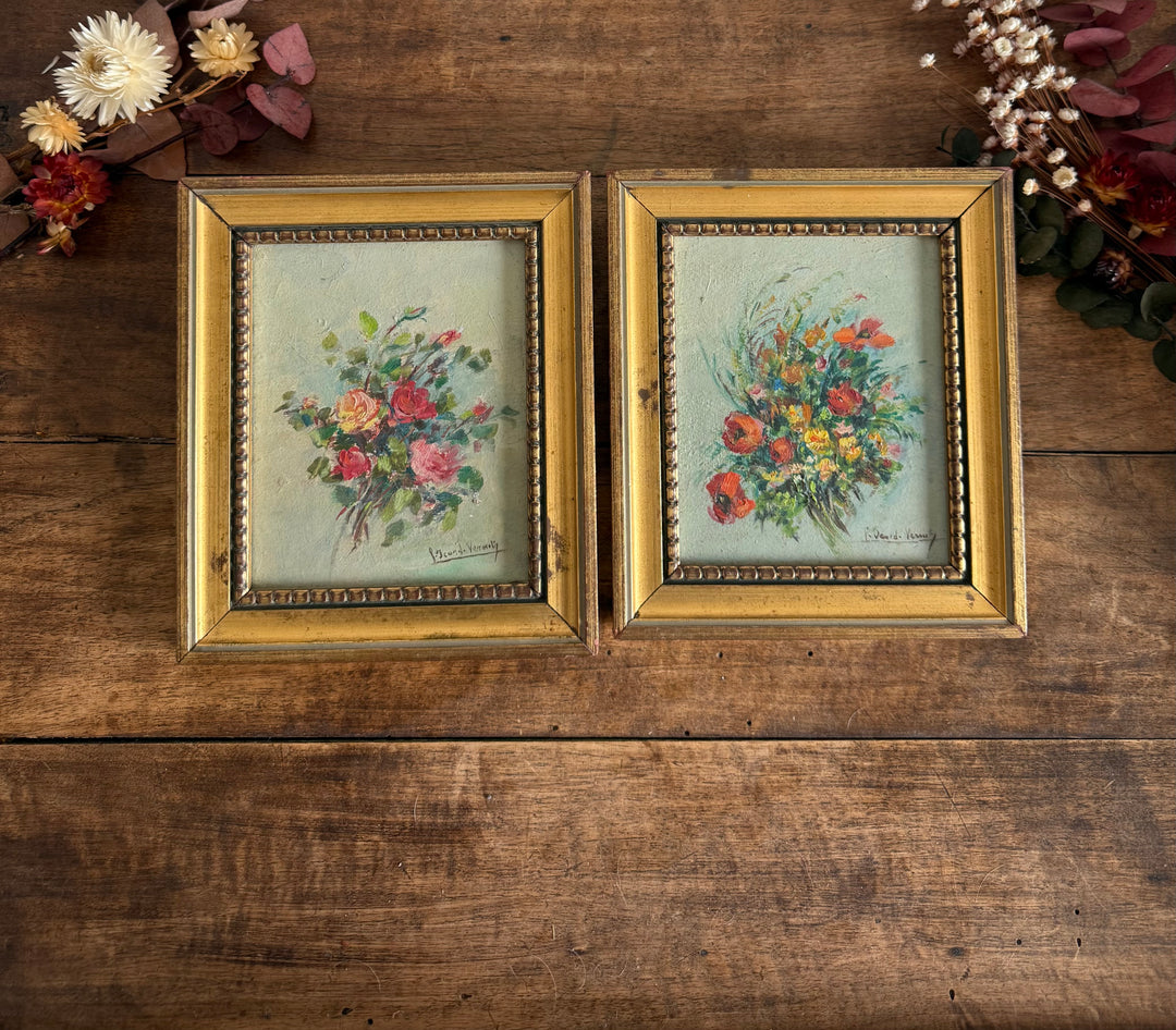 Peintures à l’huile bouquets de fleurs encadrement en bois