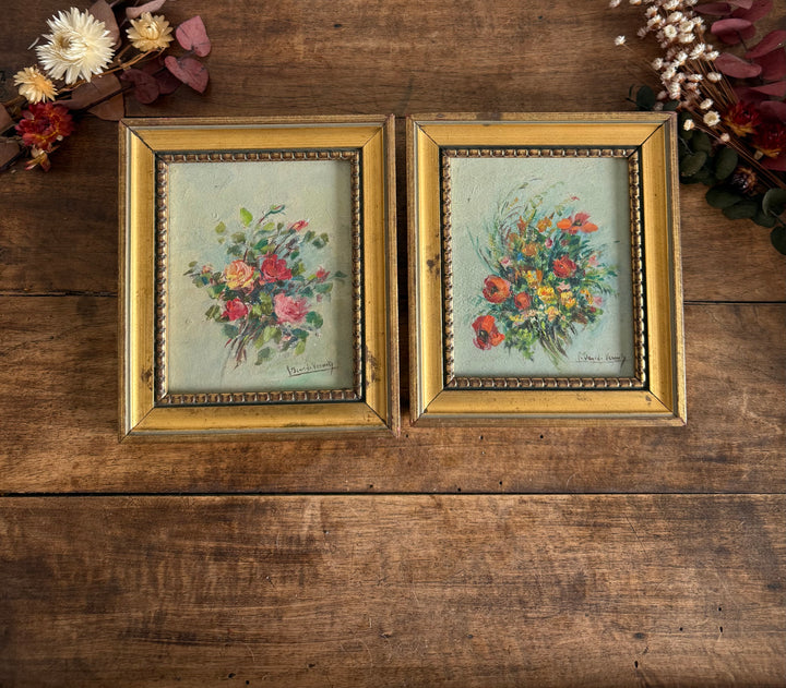 Peintures à l’huile bouquets de fleurs encadrement en bois