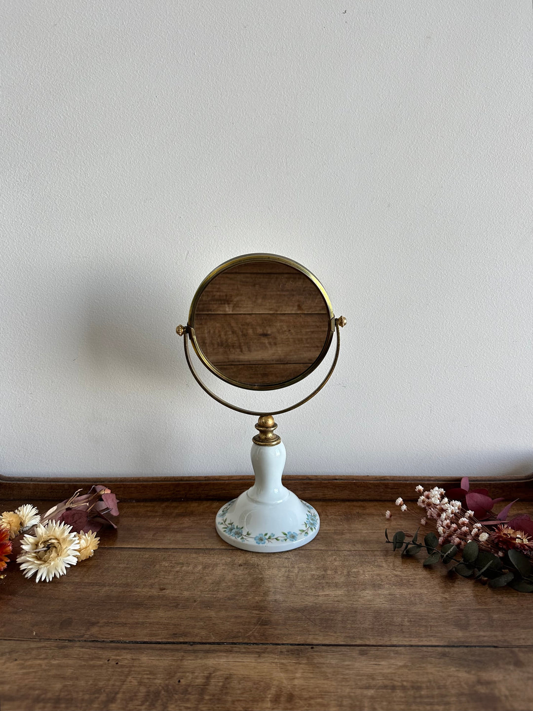 Miroir de table pied en porcelaine fleurie