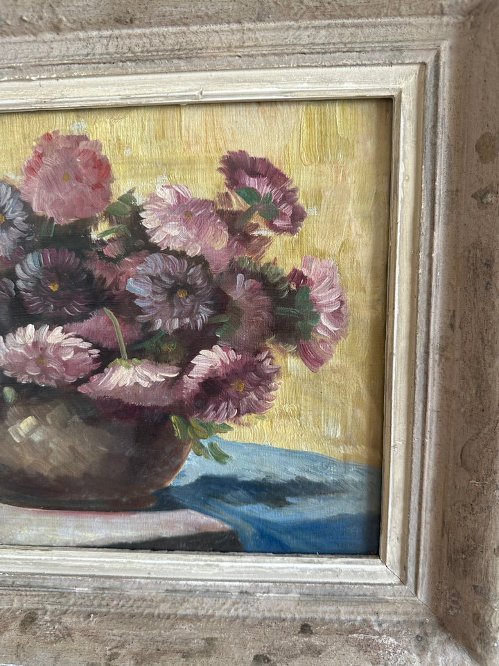 Peinture signée Gruner bouquet de fleurs mauves sur toile