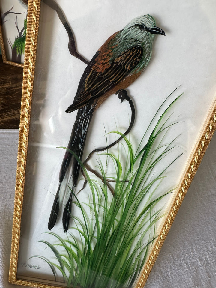 Peinture sur planche de verre oiseaux sur leurs branches