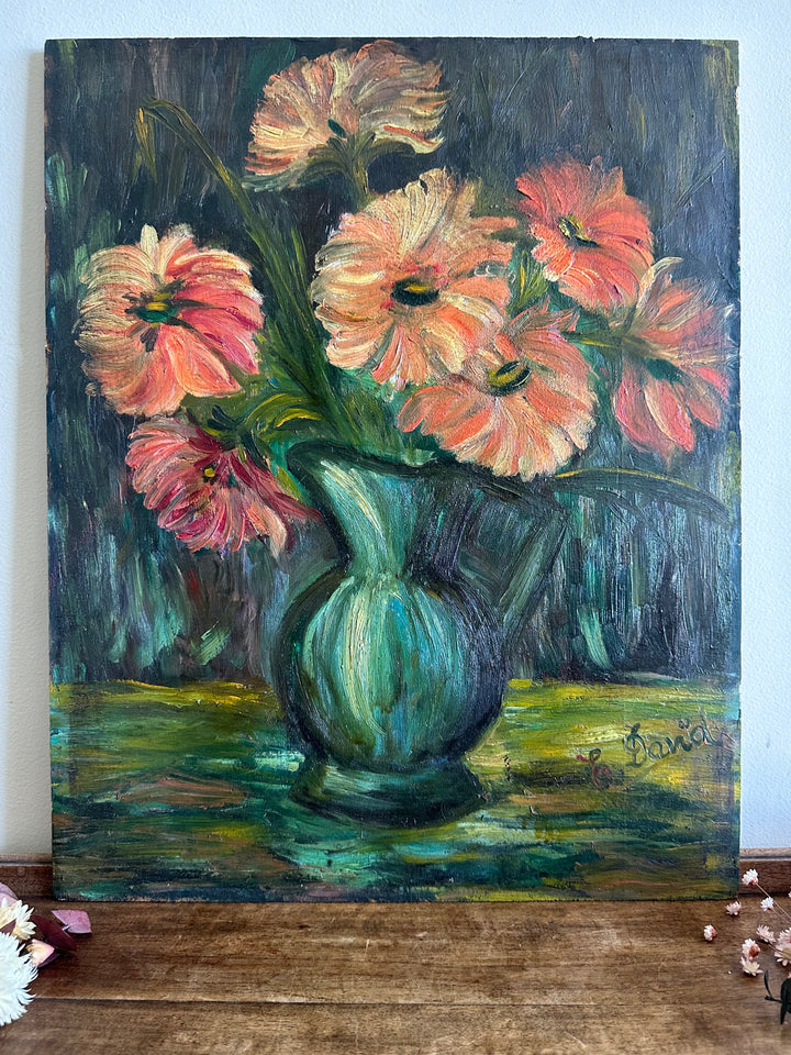 Peinture XL fleurs orangées dans vase vert signée 1922