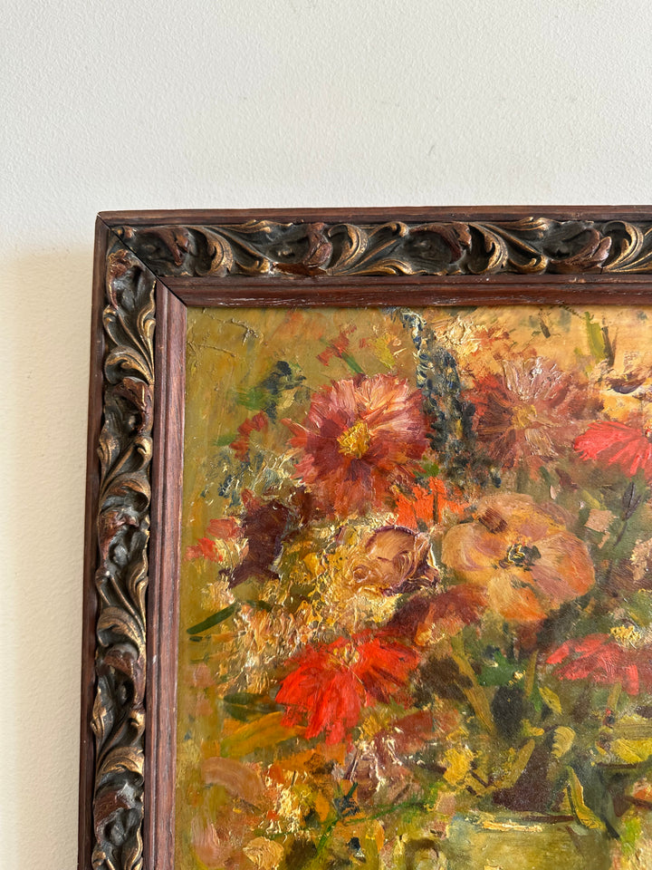 Peinture à l'huile signée Merlin bouquet de fleurs années 1940