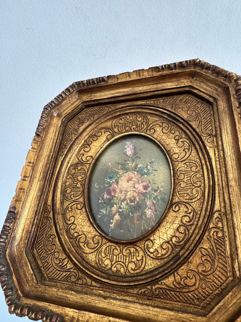 Peintures florales sur plaque de cuivre cadre en bois doré