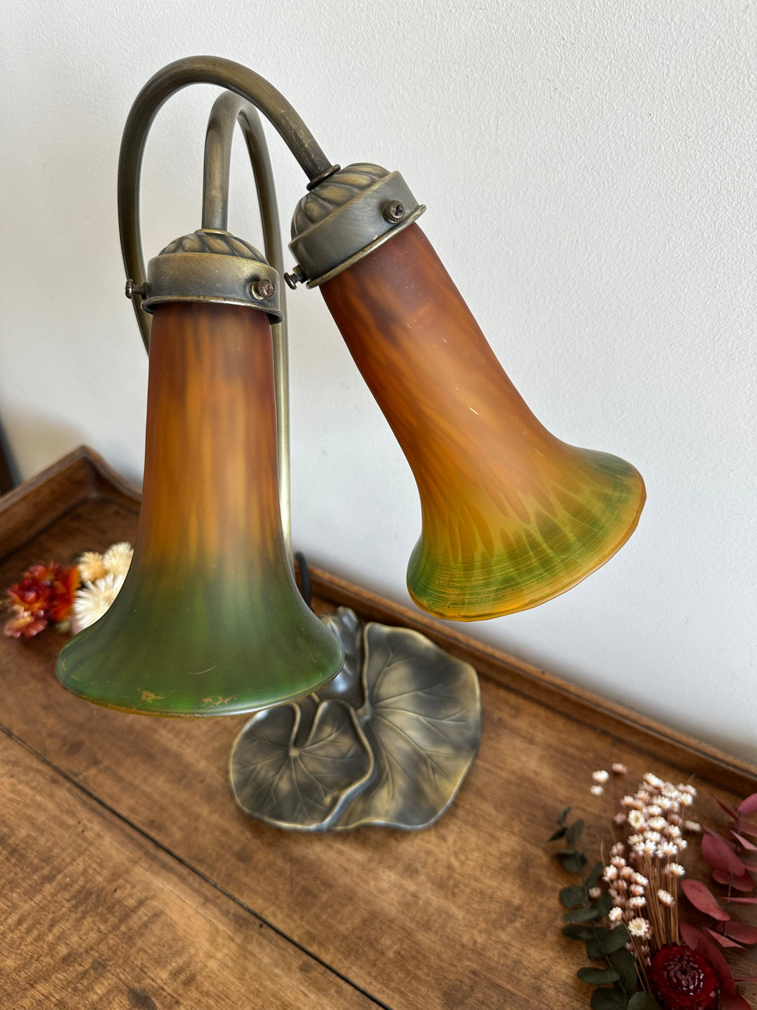 Lampe à deux têtes style Art Nouveau verre orangé et vert