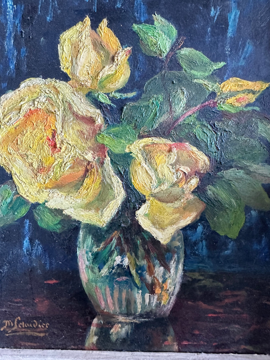 Peinture fleurs jaunes fond bleu nuit années 71