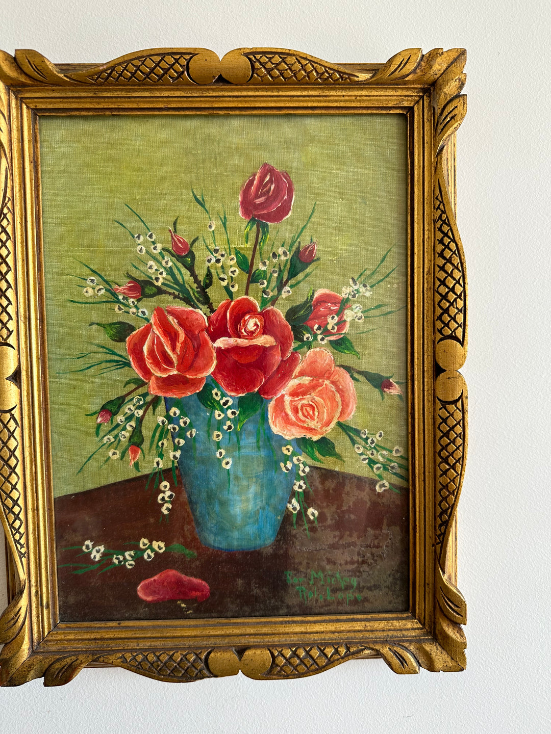 Peinture signée encadrée roses et muguet fond vert