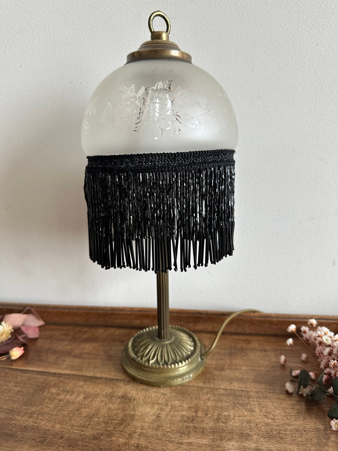 Lampe de chevet frange rideau de perles noires