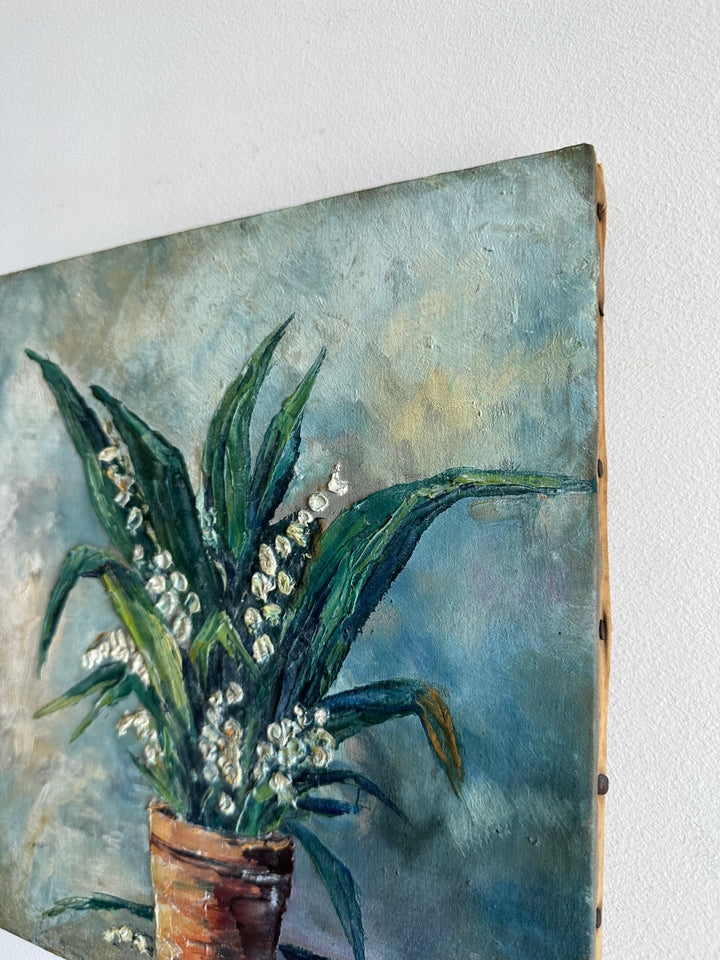 Peinture bouquet de muguet fond bleu ciel