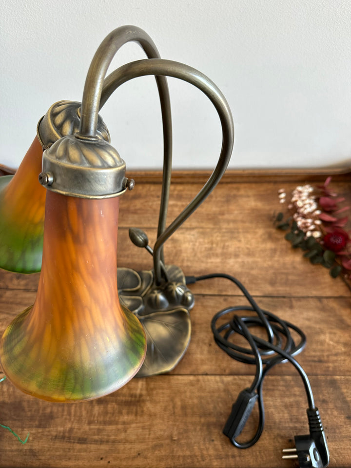 Lampe à deux têtes style Art Nouveau verre orangé et vert