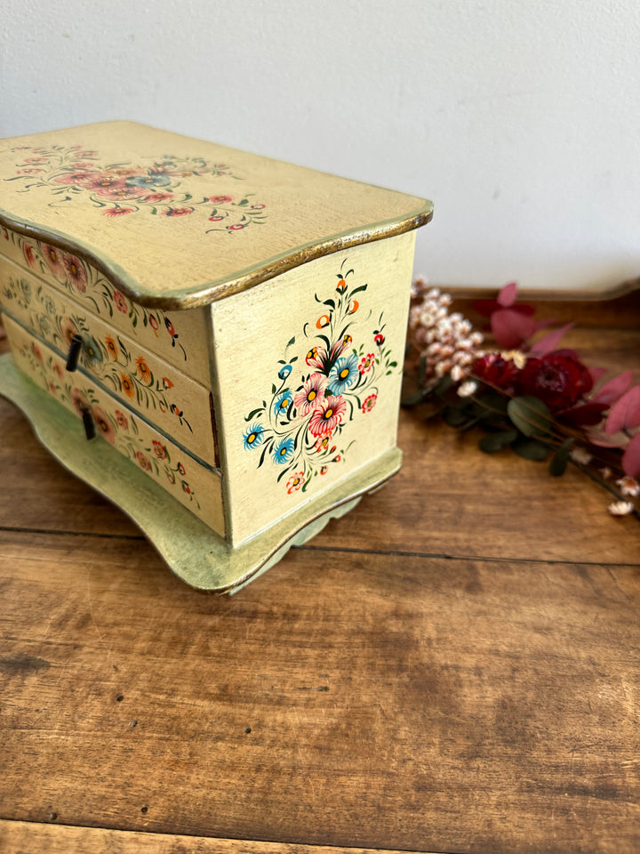 Coffret avec miroir en bois deux tiroirs motifs fleurs