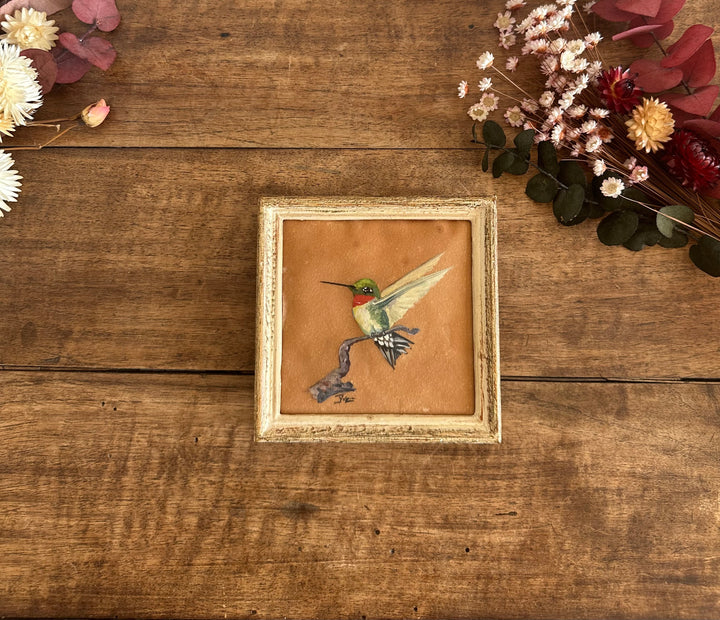 Colibri peint sur papier signé cadre en bois