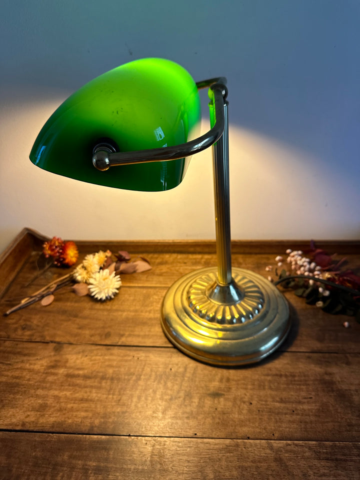 Lampe de notaire métal doré opaline verte