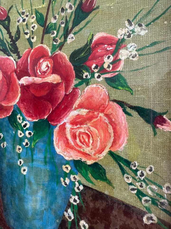 Peinture signée encadrée roses et muguet fond vert