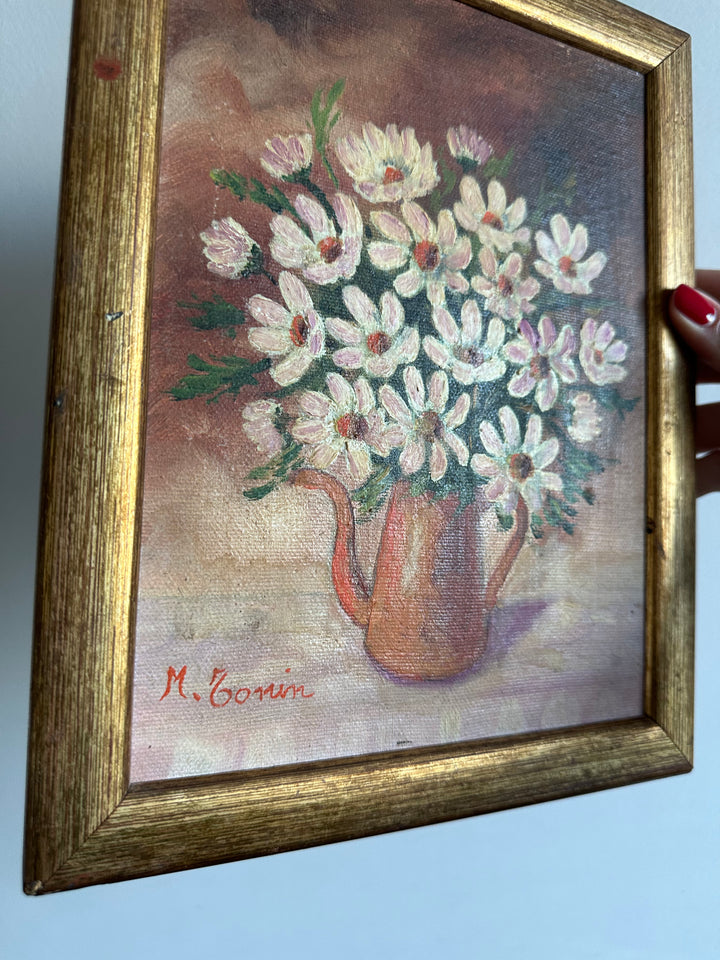 Peinture sur toile bouquet de marguerites signée 1983