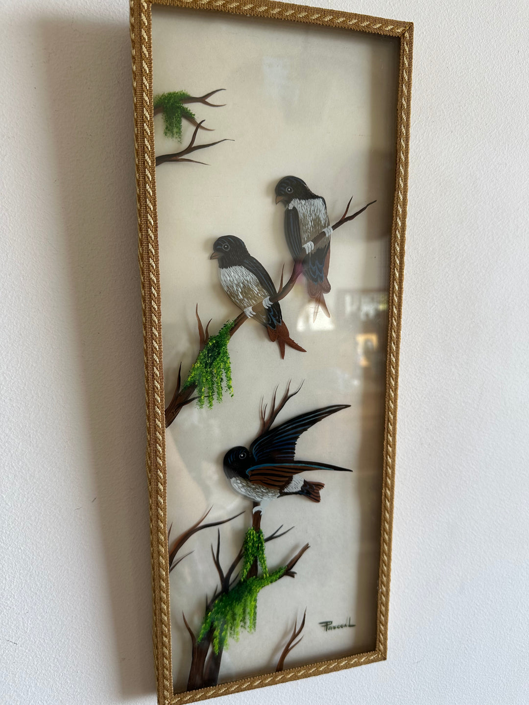 Peinture sur planche de verre oiseaux sur leurs branches