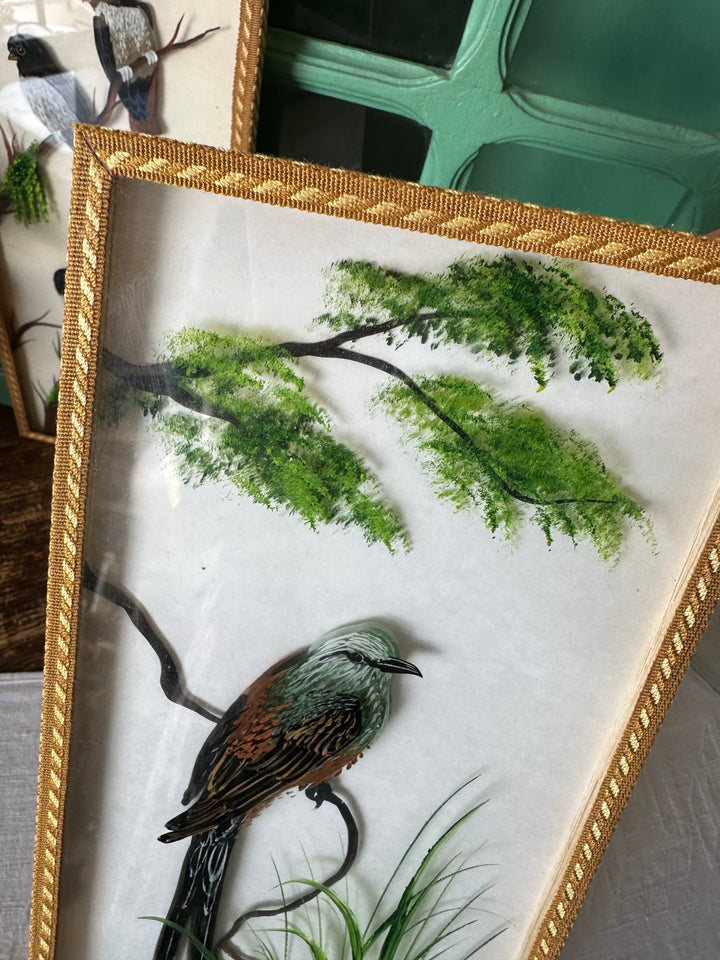 Peinture sur planche de verre oiseaux sur leurs branches