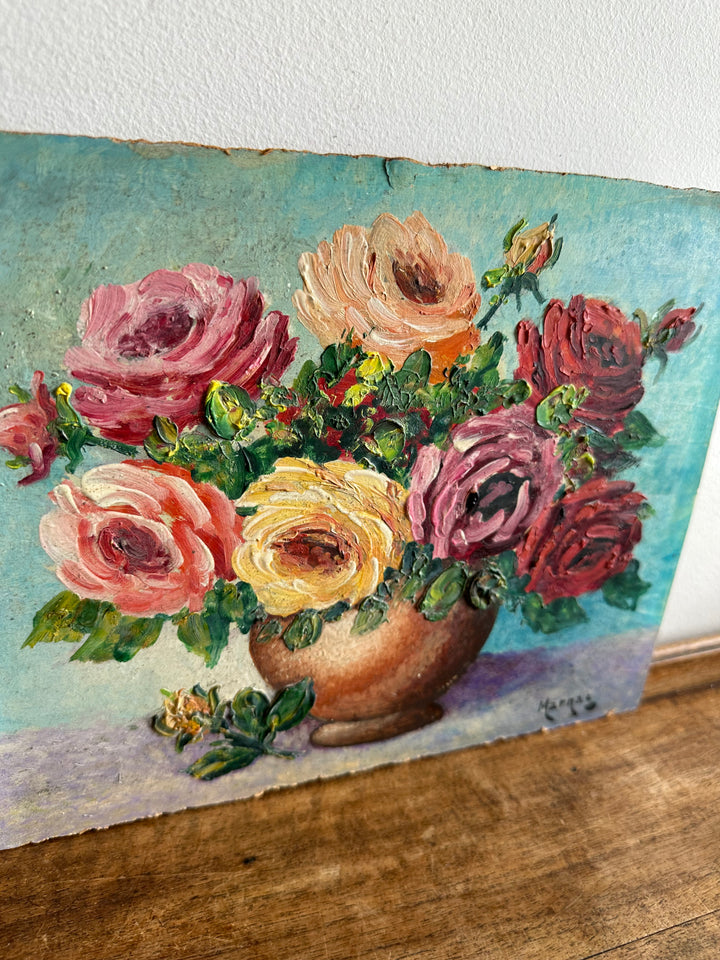 Peinture bouquet de fleur sur fond bleu tons roses orangés jaunes