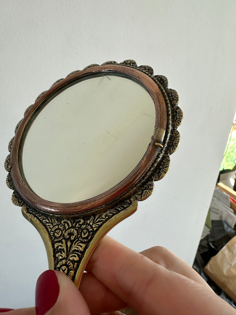 Miroir à main paon en laiton