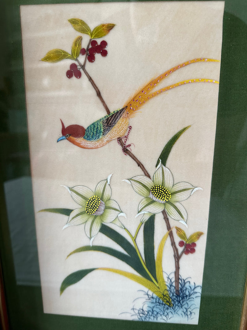 Peinture sur soie oiseaux encadrés années 70