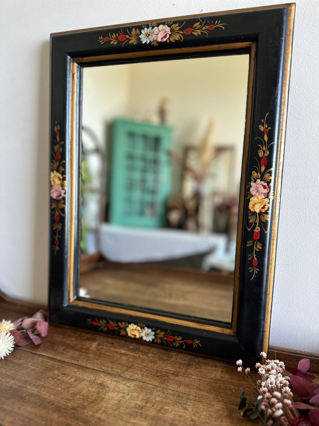 Miroir rectangulaire en bois laqué décoré à la main