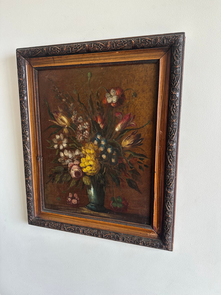 Peinture sur toile bouquet de fleurs encadrée signée années 1900 taille XL