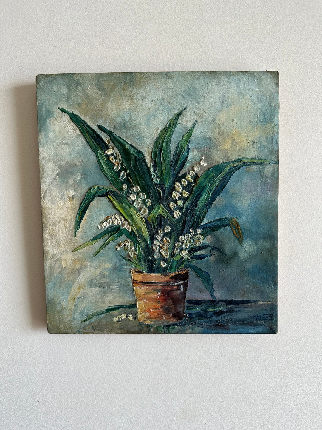 Peinture bouquet de muguet fond bleu ciel