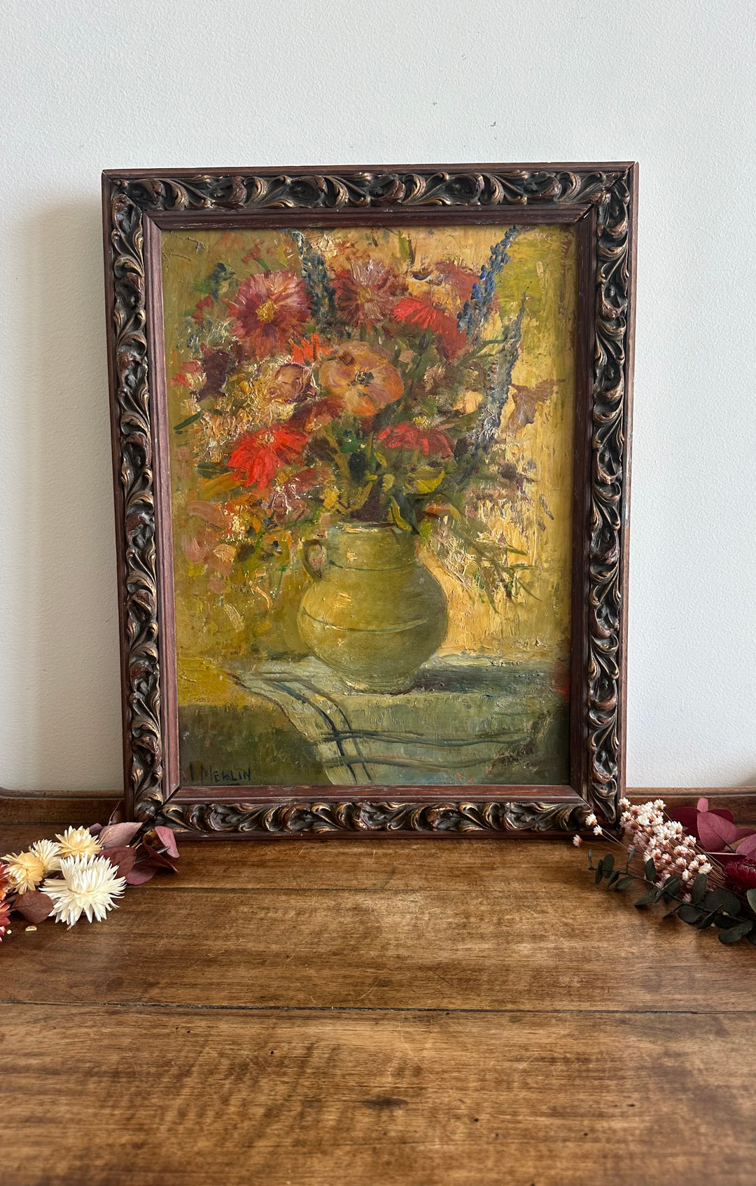 Peinture à l'huile signée Merlin bouquet de fleurs années 1940