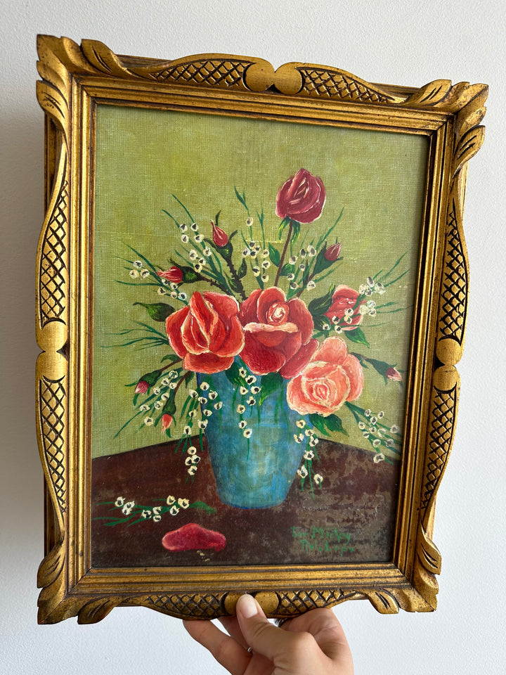 Peinture signée encadrée roses et muguet fond vert