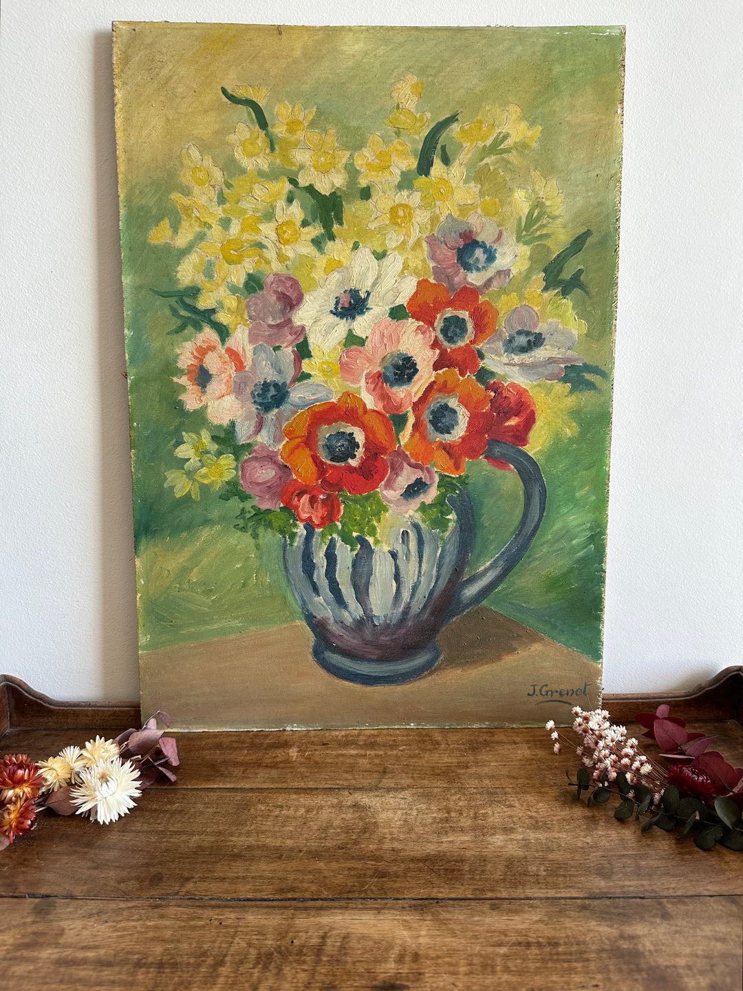 Peinture sur planche bouquet de fleurs dans vase sur fond vert XL