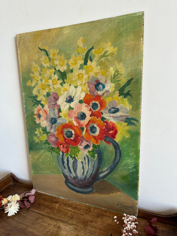 Peinture sur planche bouquet de fleurs dans vase sur fond vert XL