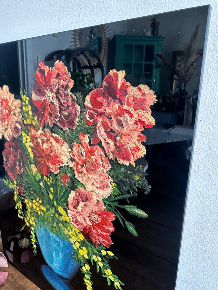 Peinture bouquet de fleurs signée sur plaque de céramique vitrée noire