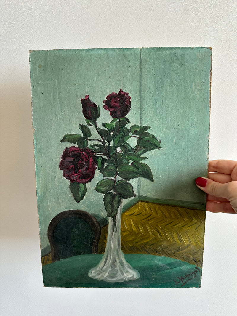 Peinture signée bouquet de fleurs vase fin tons bleus