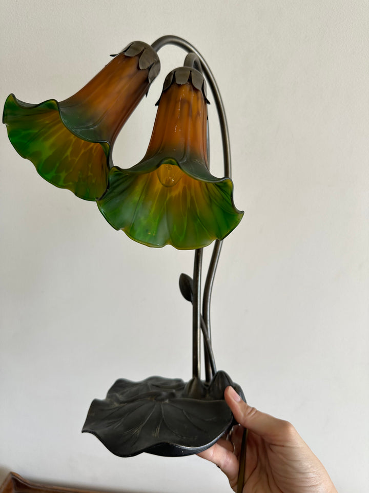 Lampe de chevet à deux têtes verre fumé vert et orange