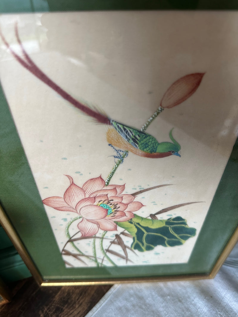Peinture sur soie oiseaux encadrés années 70