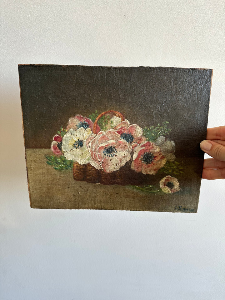 Peinture sur toile fleurs roses et blanches dans panier en osier