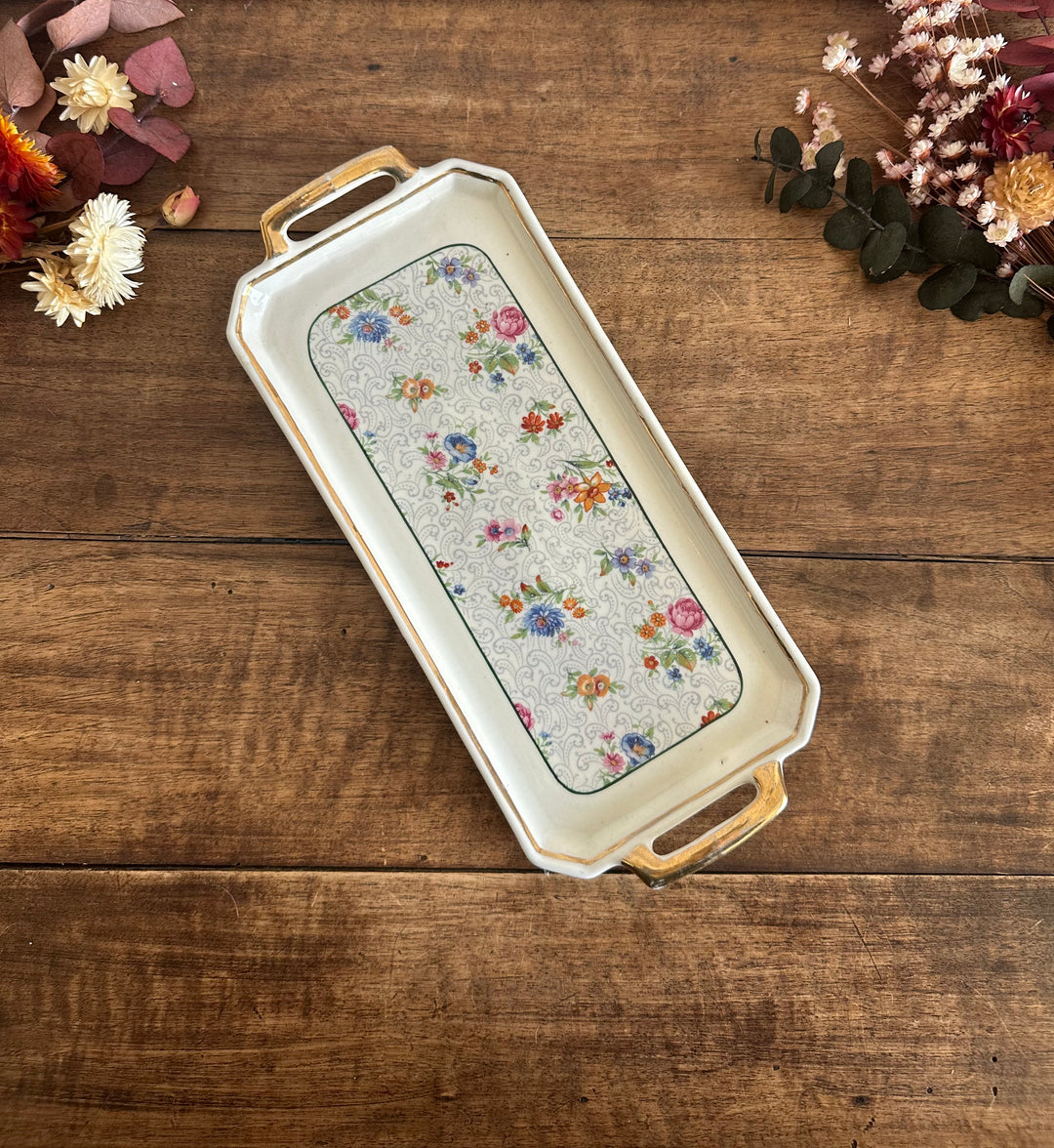 Plateau de service en porcelaine petites fleurs multicolores années 50 signées Denbac