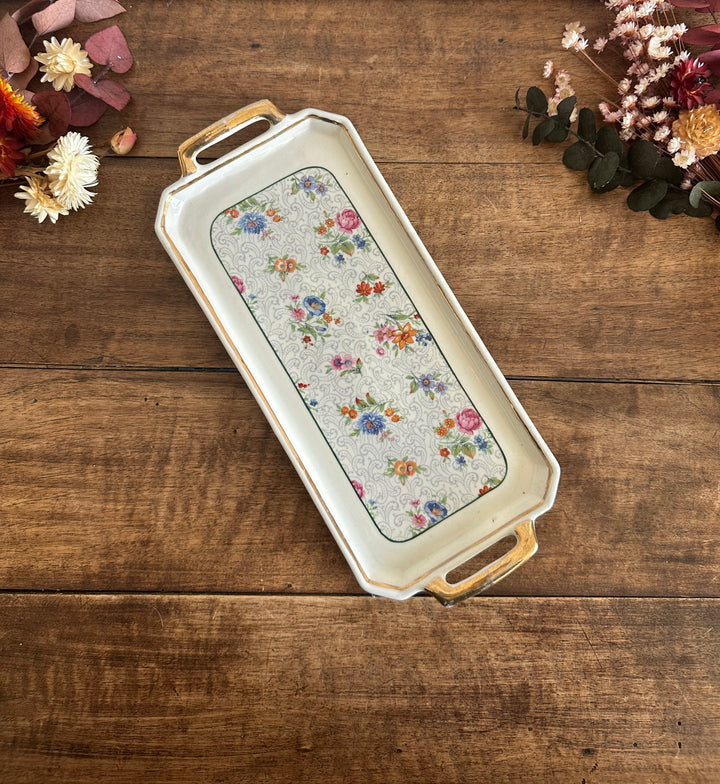 Plateau de service en porcelaine petites fleurs multicolores années 50 signées Denbac