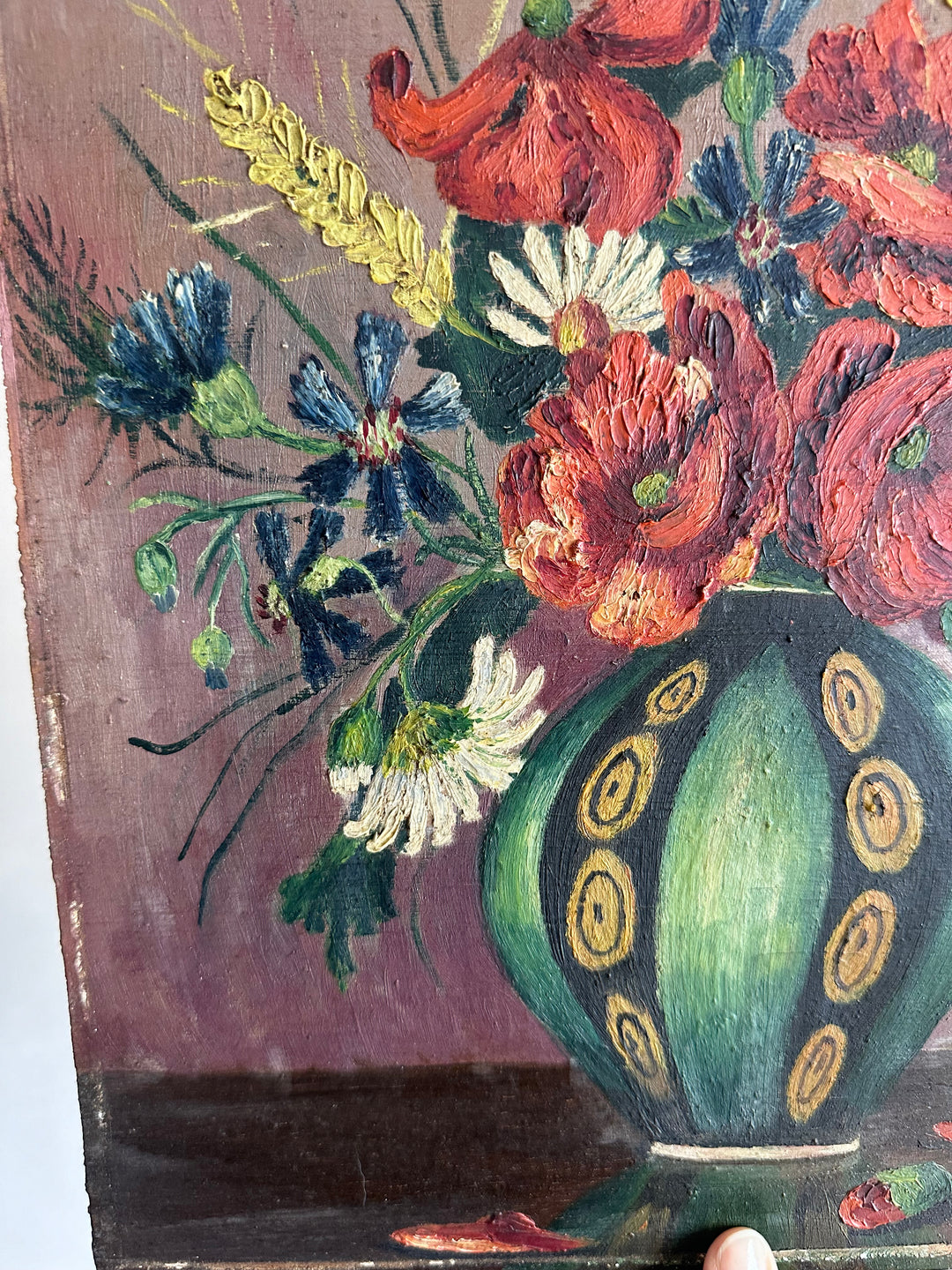 Peinture bouquet de fleurs sur bois signée année 1936