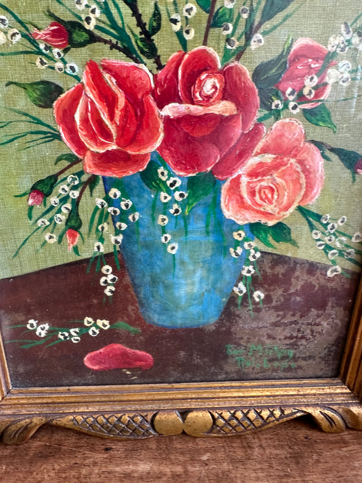 Peinture signée encadrée roses et muguet fond vert