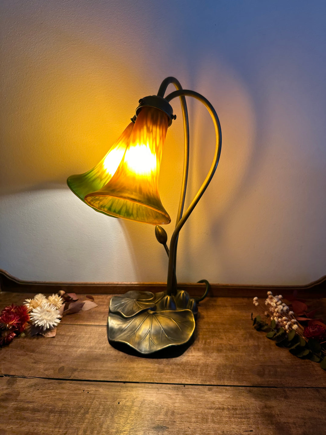 Lampe à deux têtes style Art Nouveau verre orangé et vert