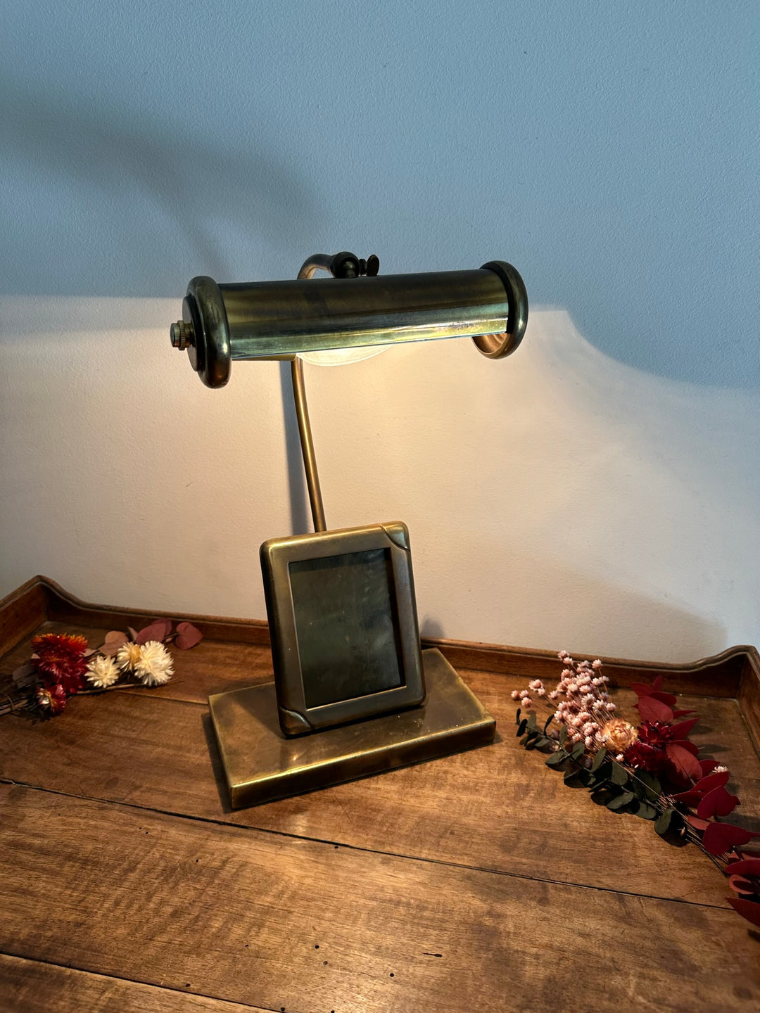 Lampe de notaire en laiton avec cadre photo