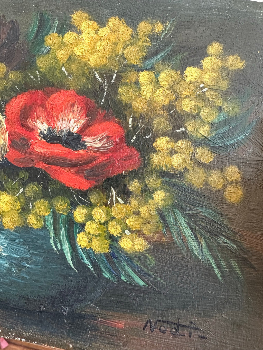 Peinture sur bois bouquet de fleurs clair obscur mimosa