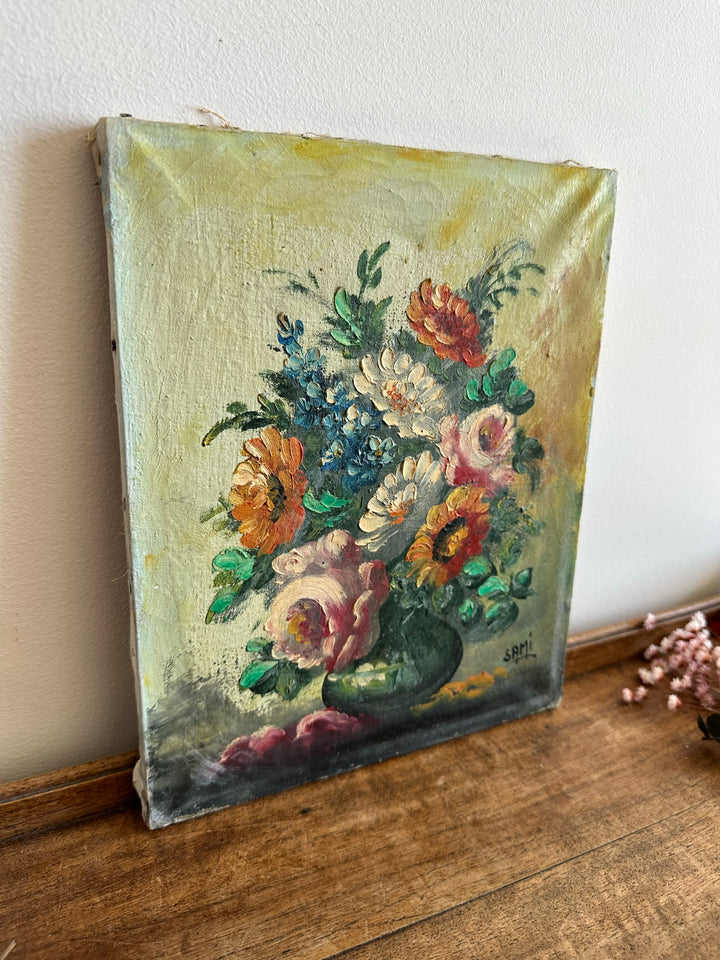 Peinture Bouquet de fleurs sur toile fond jaune signée