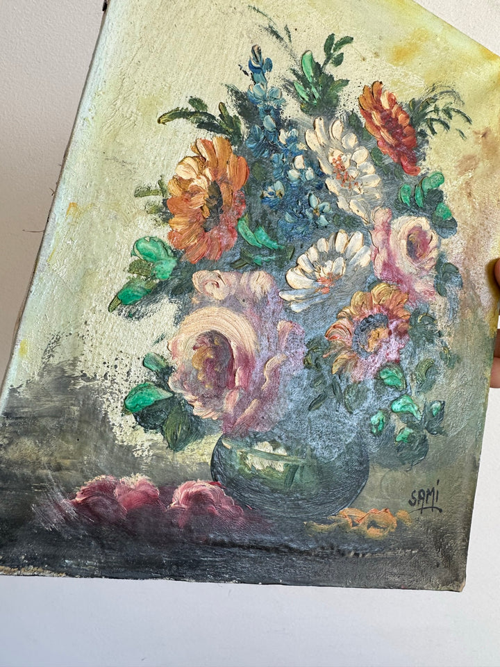 Peinture Bouquet de fleurs sur toile fond jaune signée