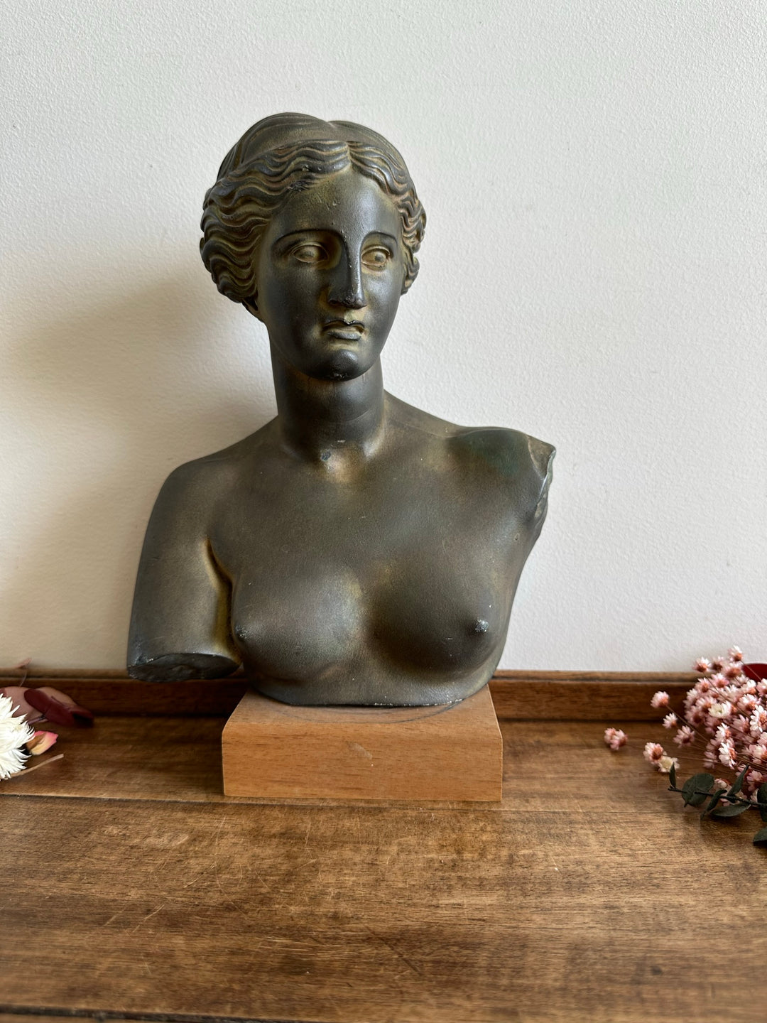 Buste d'Aphrodite en plâtre socle en bois