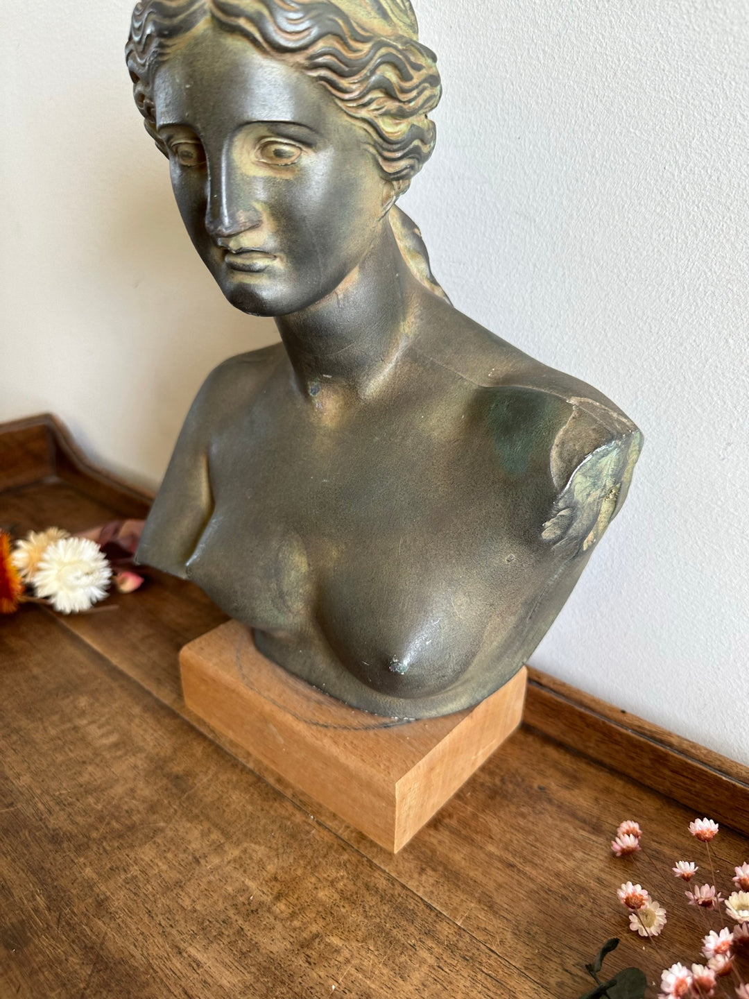 Buste d'Aphrodite en plâtre socle en bois