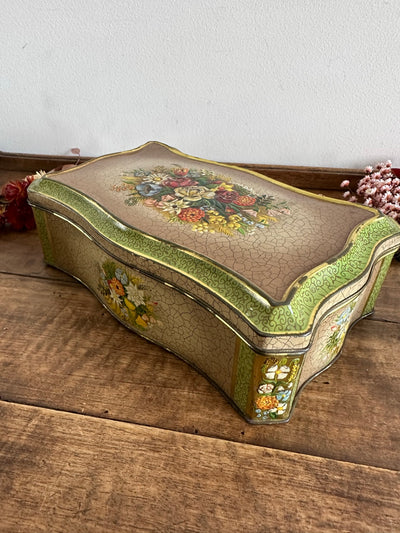 Boite en métal motifs fleurs bordures vertes