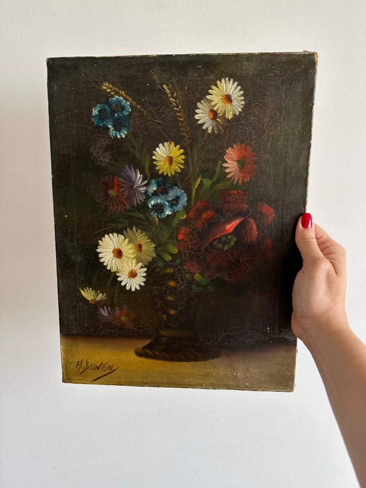 Représentation bouquet de marguerites peintes sur toile XIXème